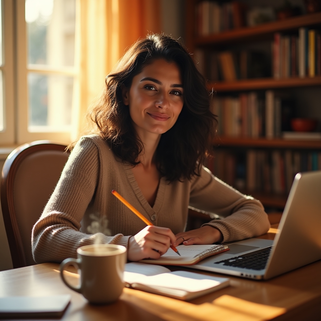 Persona reflexionando sobre decisiones de consumo con cuaderno y café