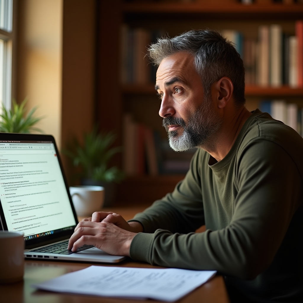 Persona adulta estudiando material del curso de psicología del consumo desde su computadora en casa